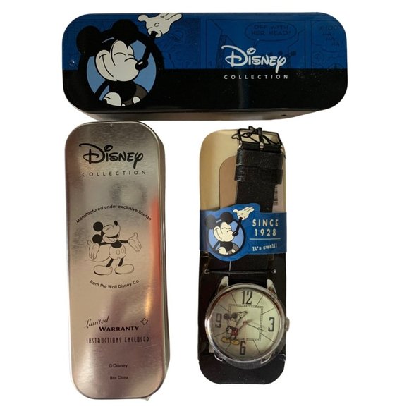Mickey Mouse Big Face Watch Leather Band Collectors Tin SII Marketing Internat'l - Picture 2 of 8